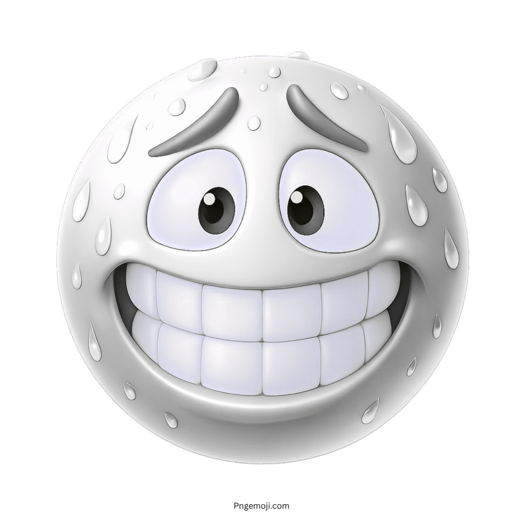 3D white emoji with nervous grin and sweat drops on glossy face