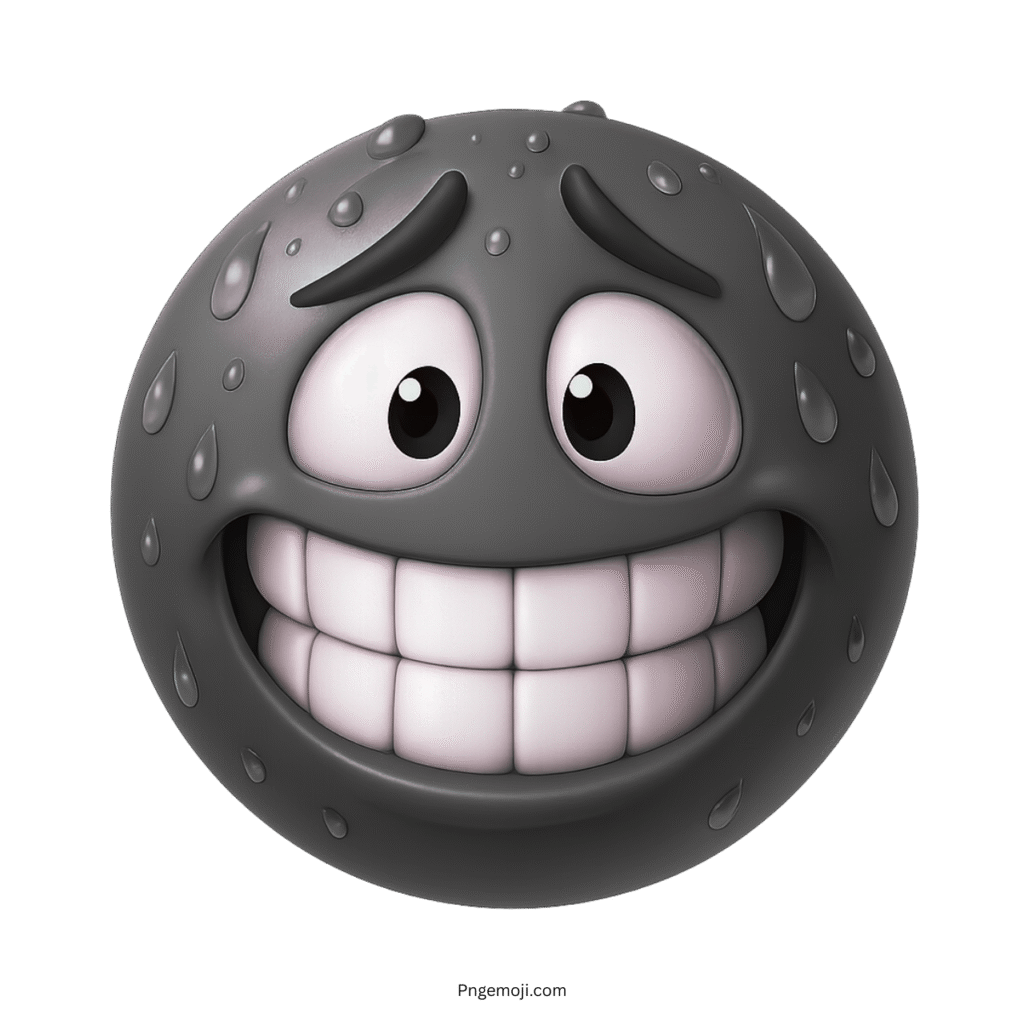 Black 3D emoji nervously smiling with sweat droplets and worried raised eyebrows