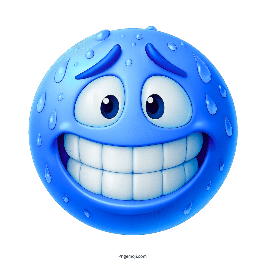 3D blue emoji nervously grinning with sweat droplets on face and anxious expression