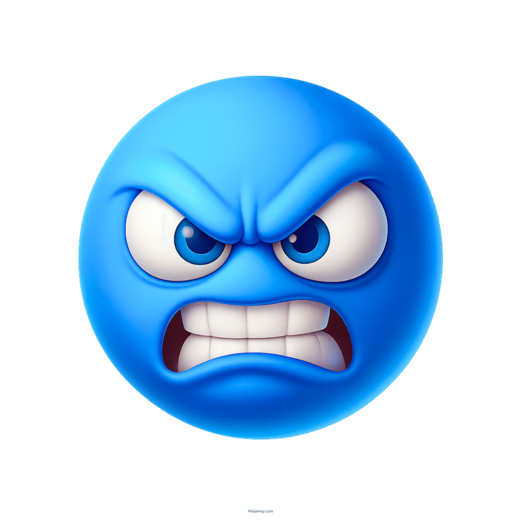 3D growling mad blue emoji face with clenched teeth and furious angry expression