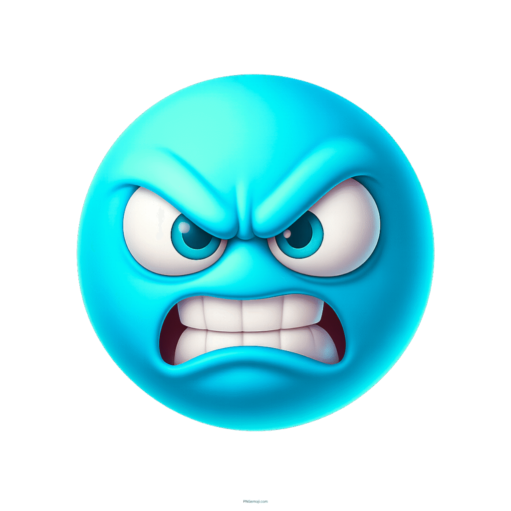 Growling mad blue emoji with clenched teeth and angry eyes on transparent background