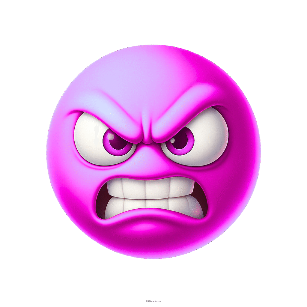 Growling mad pink emoji with furious eyes and clenched teeth on transparent background
