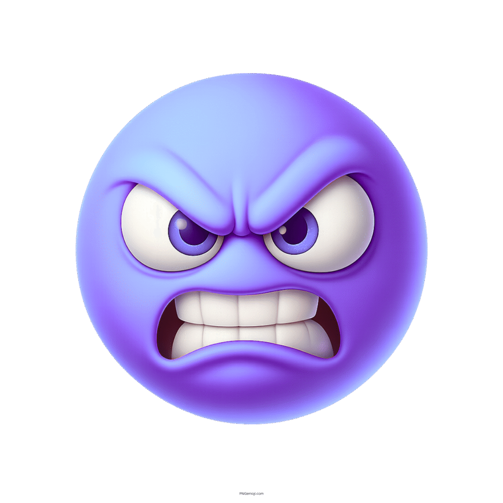 Growling mad purple emoji with clenched teeth and furious eyes on transparent background