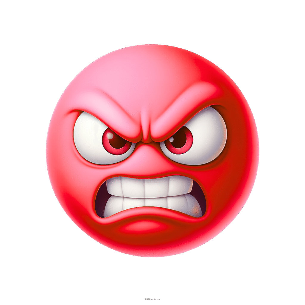 Growling mad red emoji with fierce eyes and clenched teeth on transparent background