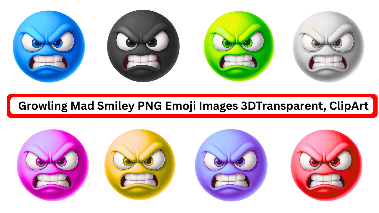 3D colorful angry smiley emoji faces showing growling mad expressions in transparent PNG clipart style.