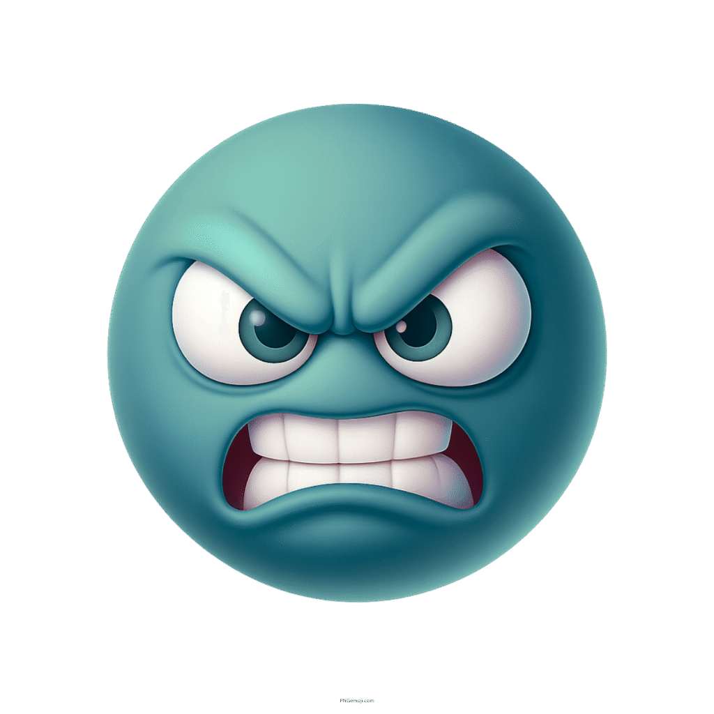 Growling mad teal emoji with clenched teeth and angry eyes on transparent background