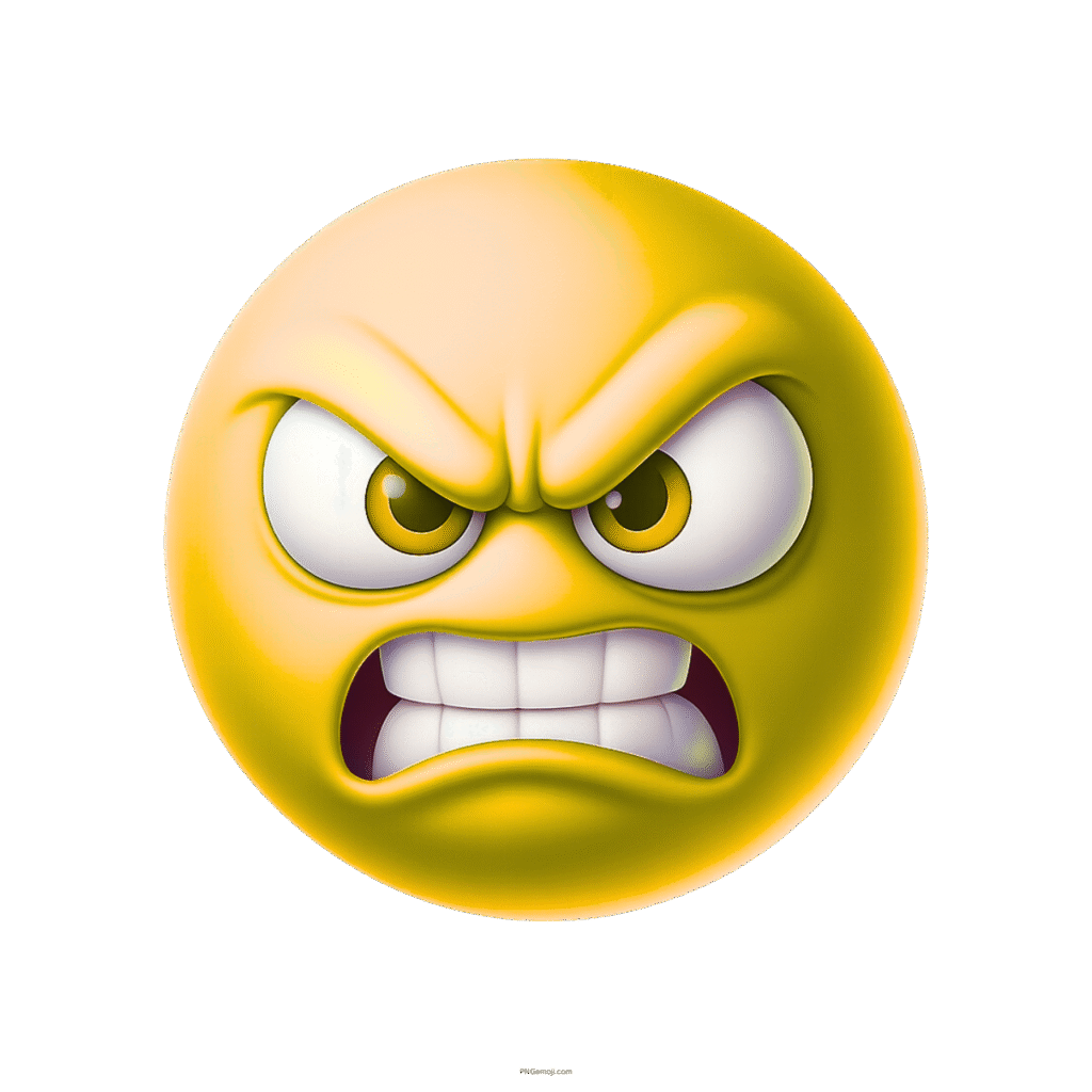 Growling mad yellow emoji with furious eyes and clenched teeth on transparent background