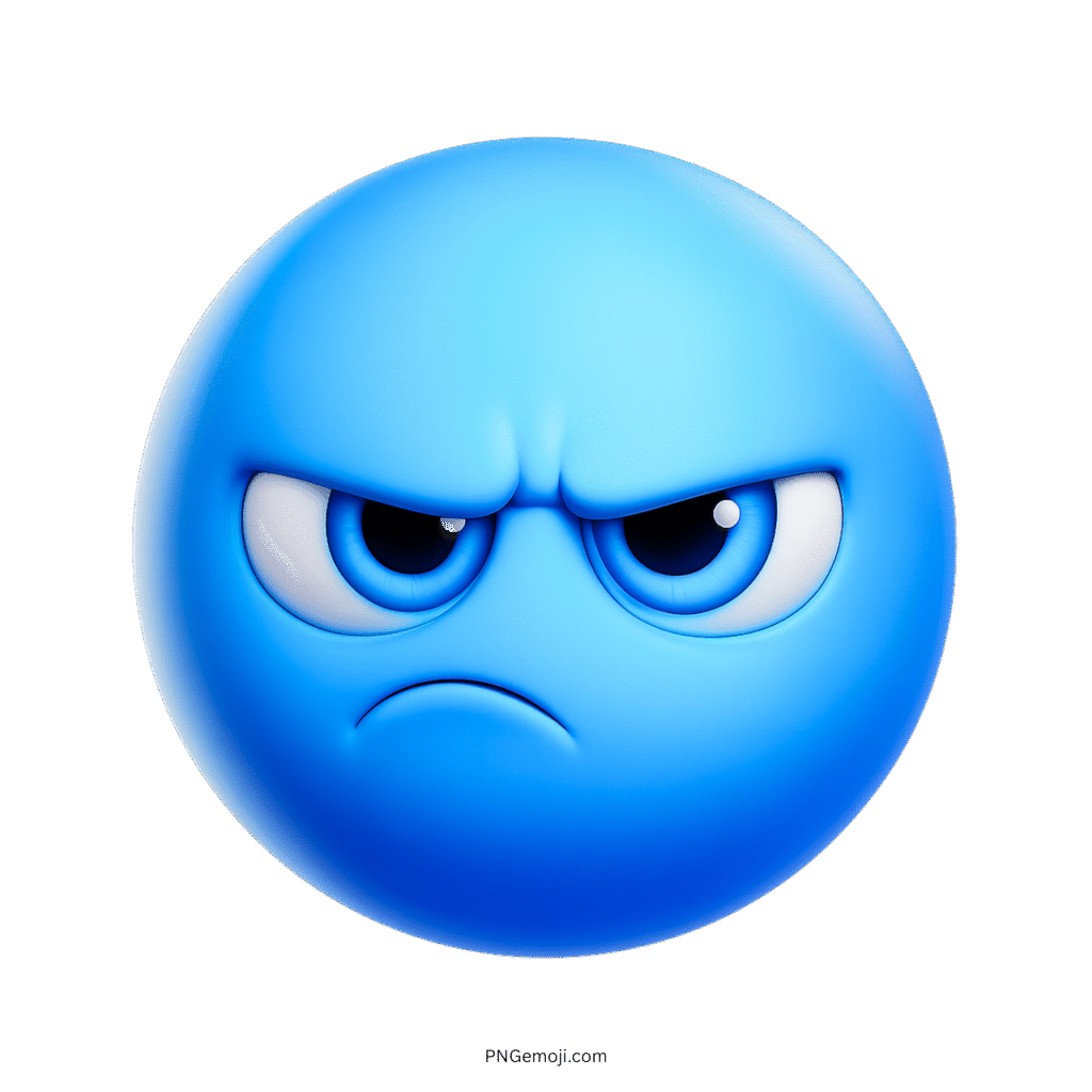 3D grumpy blue emoji with angry eyes and frown on transparent background