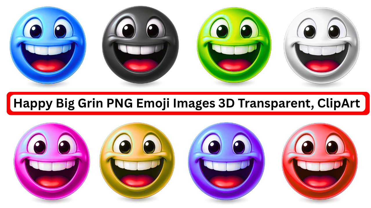 Colorful 3D big grin emoji faces in various shades with transparent background