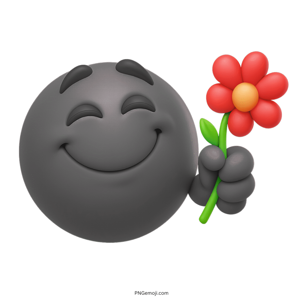 Smiling black emoji holding red flower with cheerful and loving expression
