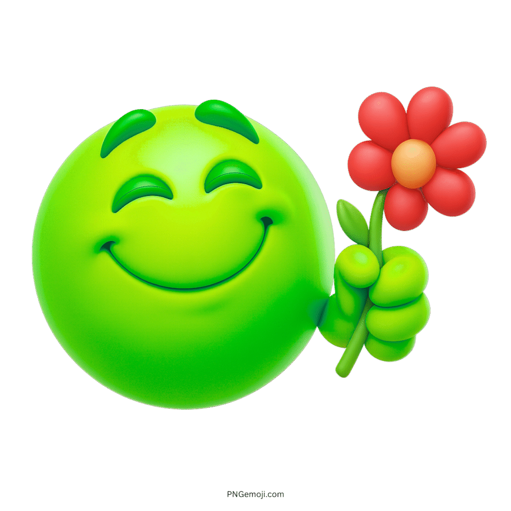 Smiling green emoji offers red flower with happy and friendly expression.