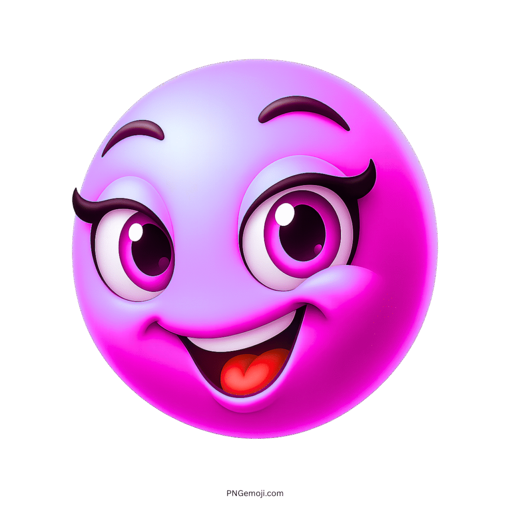 Glossy pink emoji face with big cute eyes, long lashes, and joyful wide smile expression