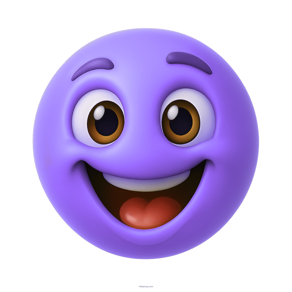Happy purple emoji face with big brown eyes and cheerful smile in 3D style