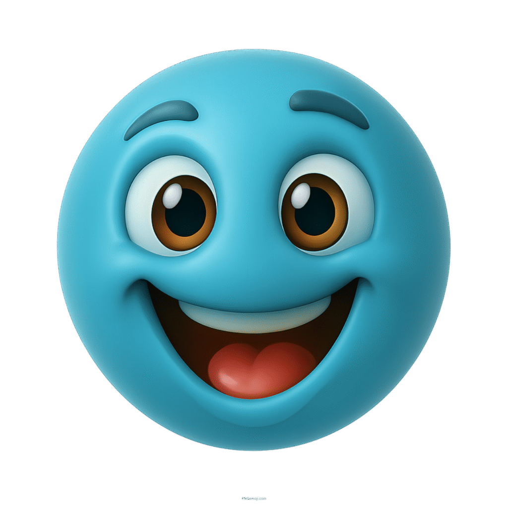 Teal blue emoji face with wide smile and expressive brown eyes in 3D style