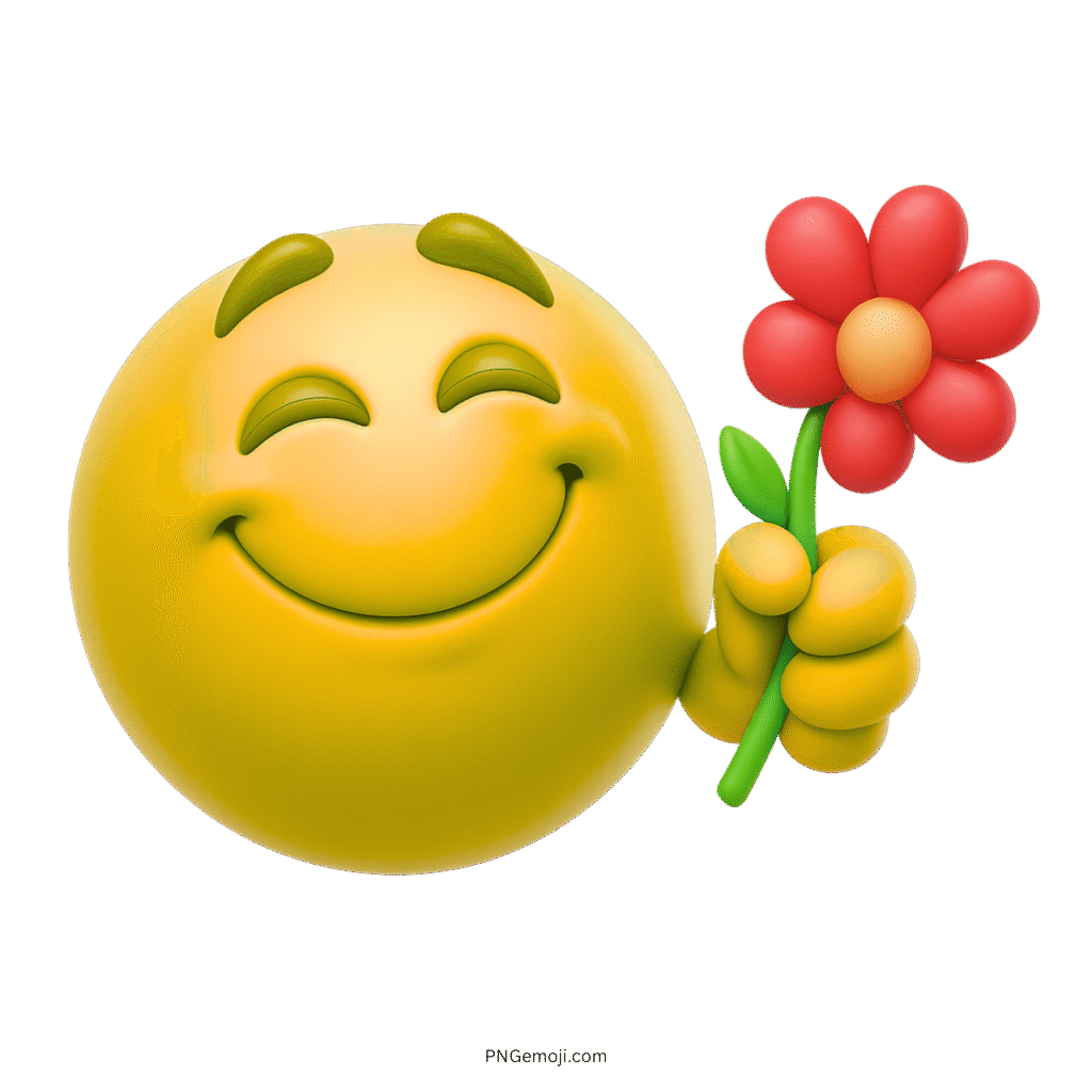 Joyful yellow emoji smiling while offering a red flower as a kind gesture