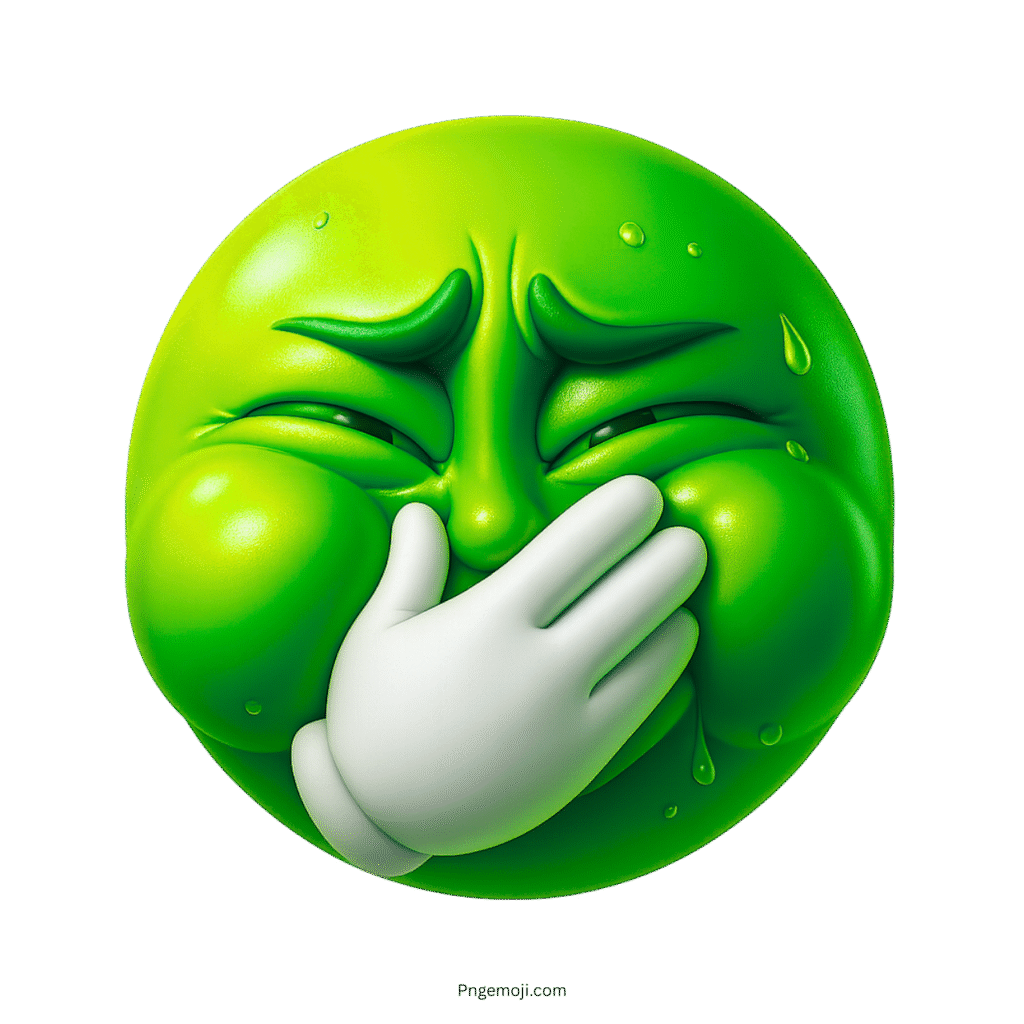 Green emoji holding back vomit with puffed cheeks and a disgusted expression.