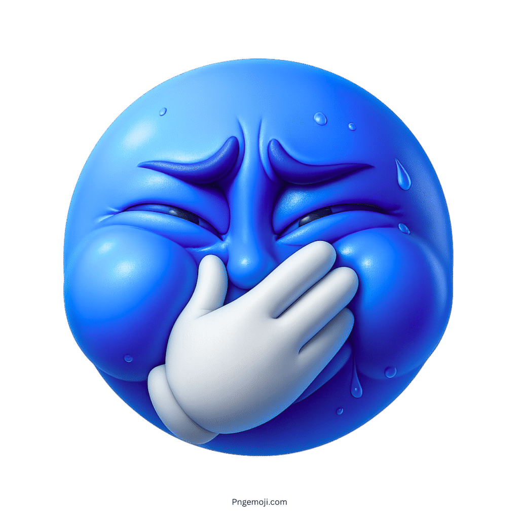Blue emoji with puffed cheeks holding breath, covering mouth with white glove