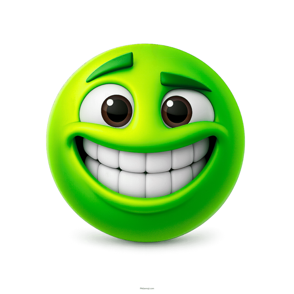 3D green emoji with big white teeth and huge grin facial expression