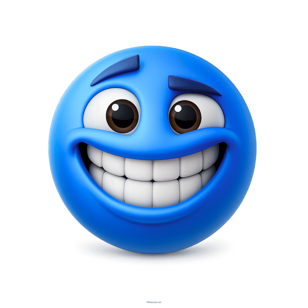 3D blue smiley emoji with huge grin and wide white teeth expression