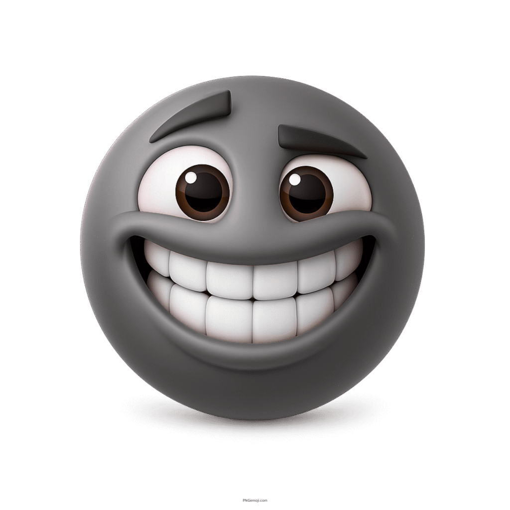 3D grey smiley emoji with huge toothy grin and expressive cartoon eyes