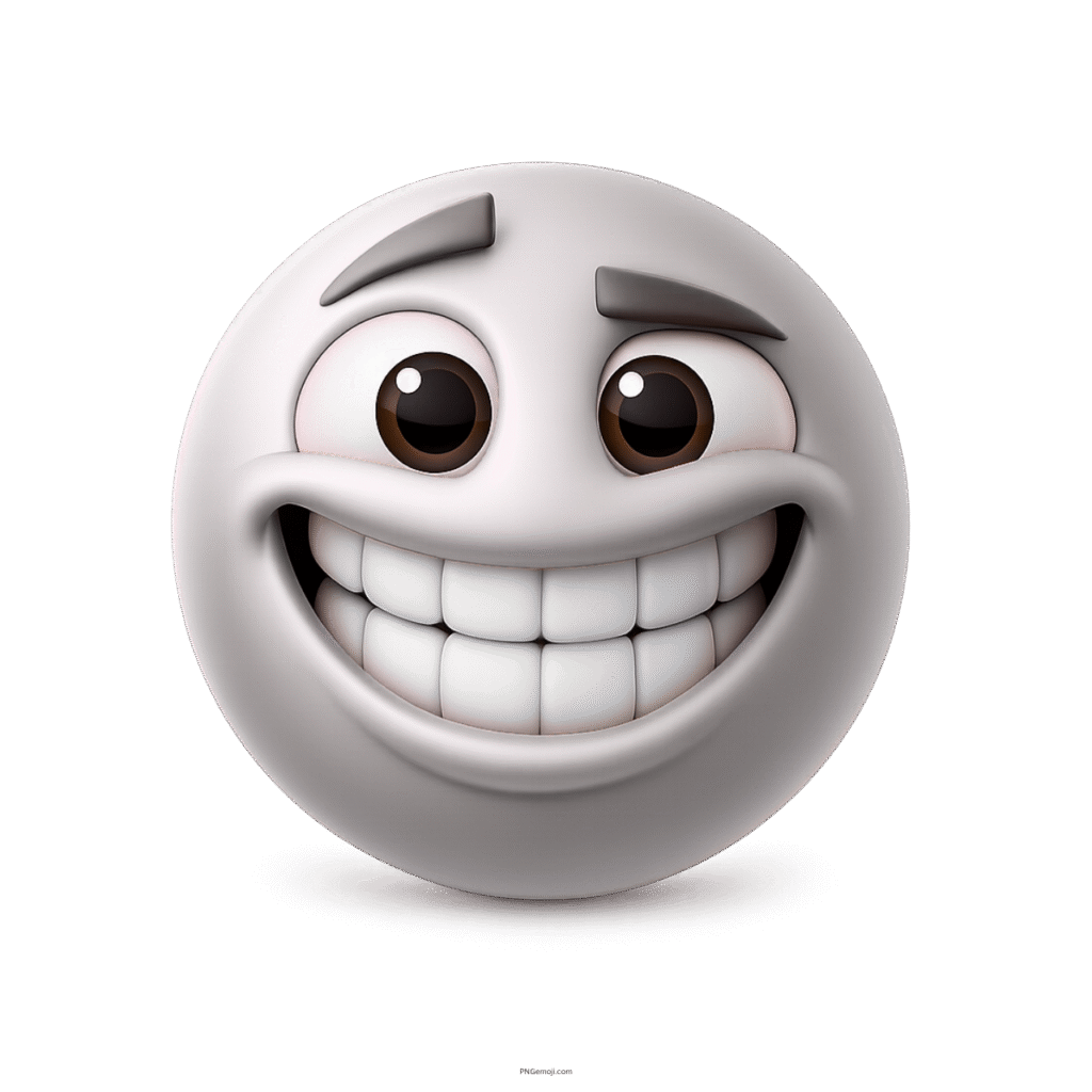 3D white smiley emoji with huge grin, raised eyebrows, and wide white teeth