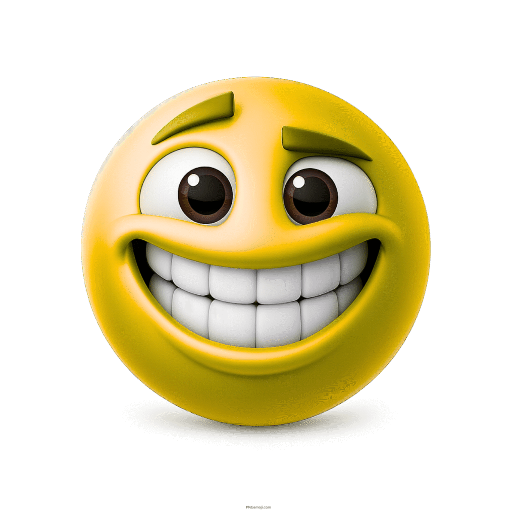 3D yellow smiley emoji with wide toothy grin and expressive cartoon eyebrows
