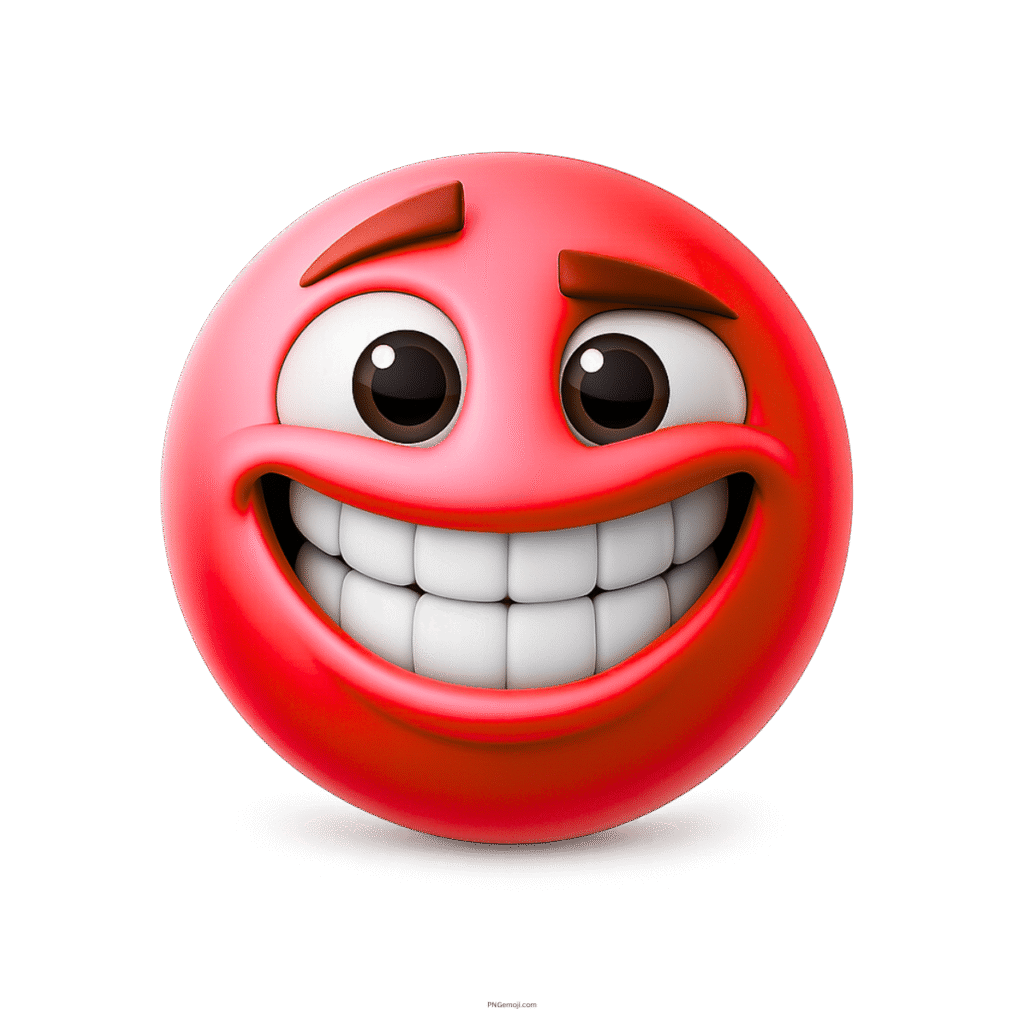 3D red emoji with big teeth and exaggerated smile facial expression