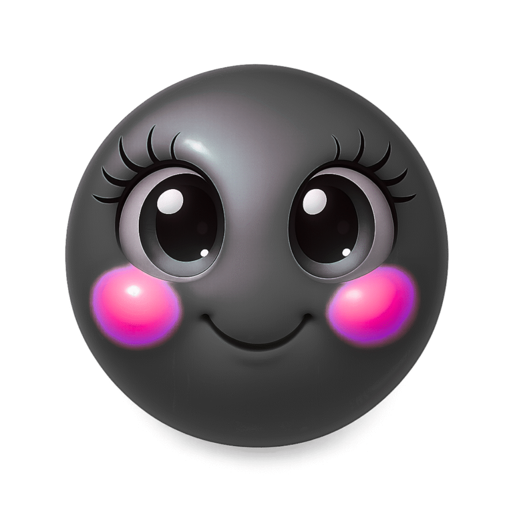 Glossy black 3D emoji with big sparkling eyes and pink glowing cheeks smiling sweetly