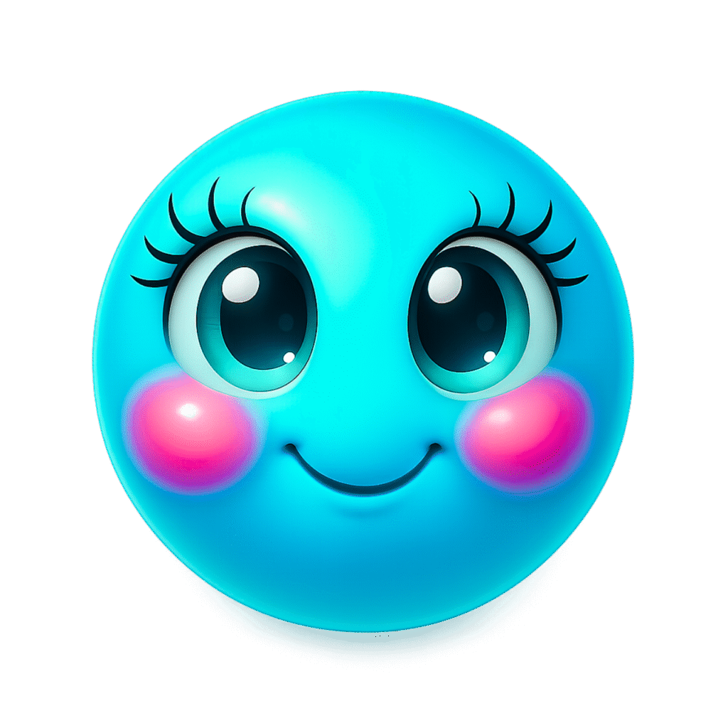 Cute sky blue 3D emoji face with sparkling big eyes and glossy pink cheeks