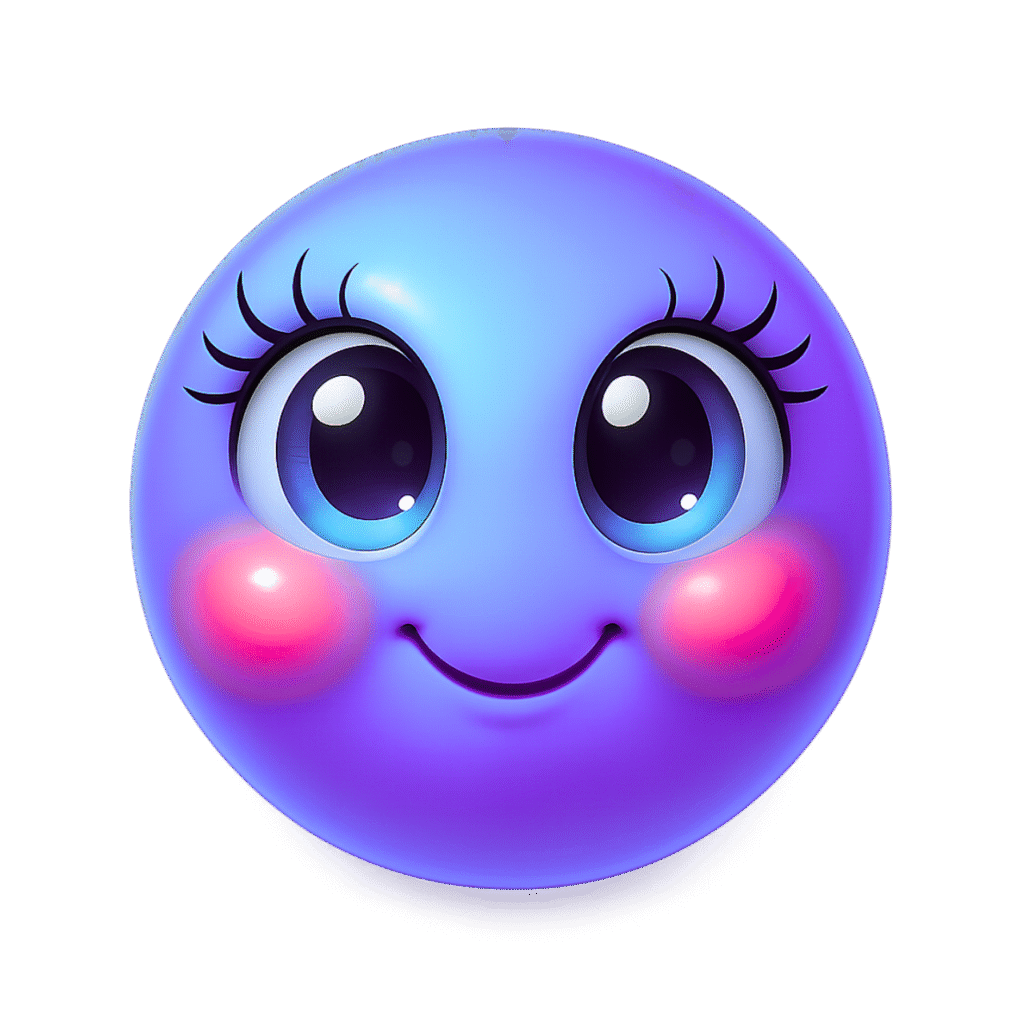 Cute innocent glowing blue emoji with big eyes and blush cheeks in HD