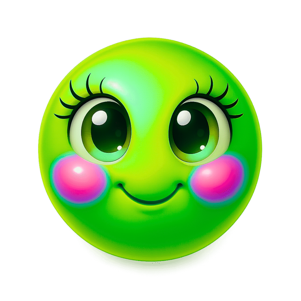Glossy green 3D emoji with shiny eyes, pink cheeks, and a sweet smiling face