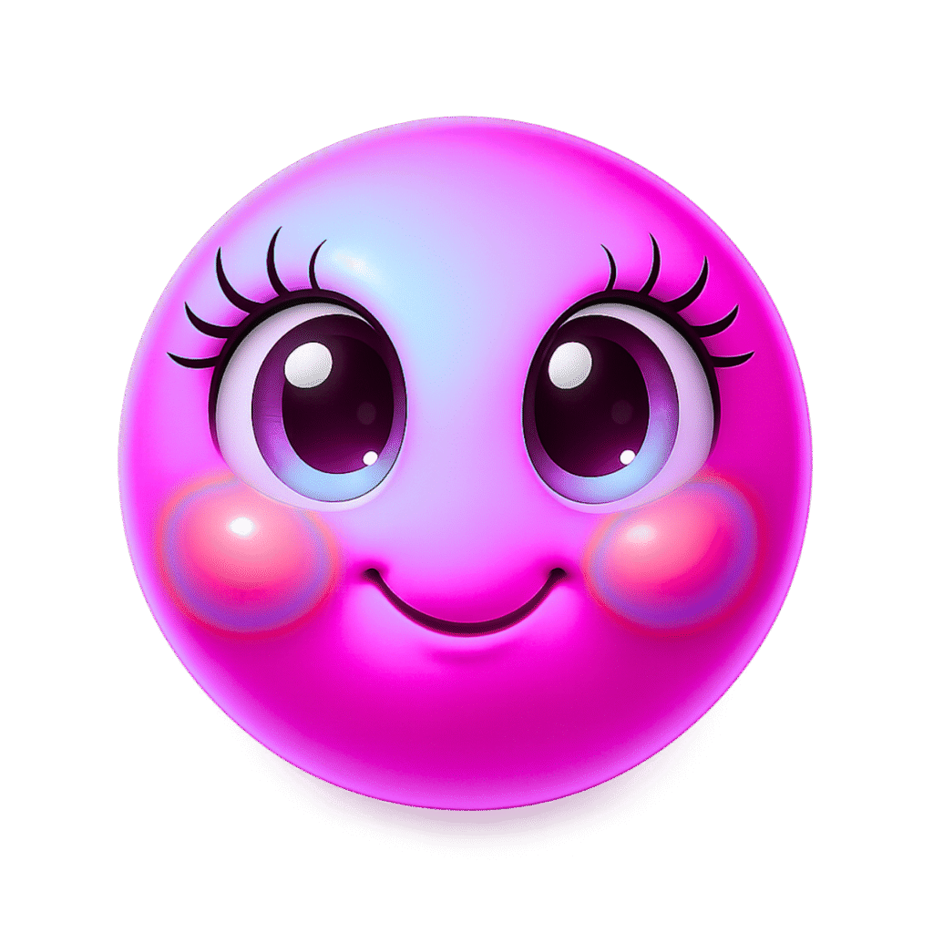 Glossy pink 3D emoji face with big sparkling eyes and glowing blushed cheeks