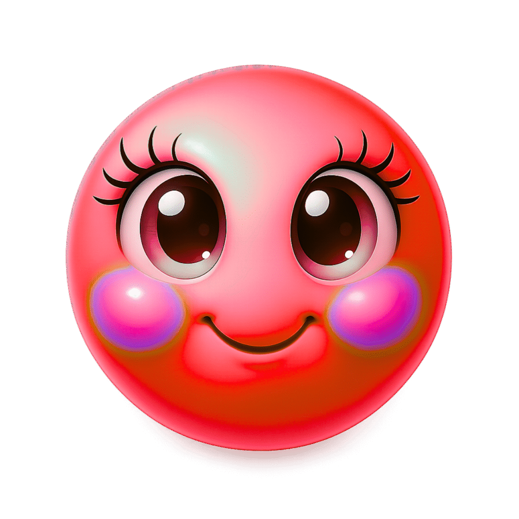 Glossy red 3D emoji face with shiny big eyes and glowing pink cheeks smiling softly