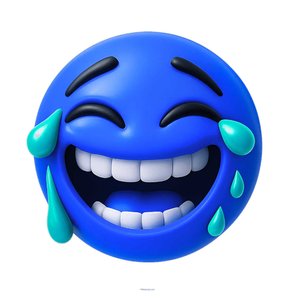3D blue laughing emoji with tears of joy and expressive happy face