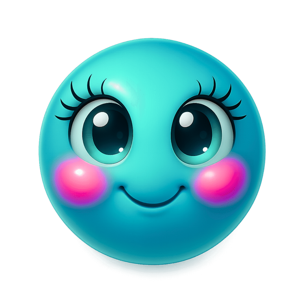 Cute turquoise emoji with big eyes, blush cheeks and innocent kawaii smile in HD