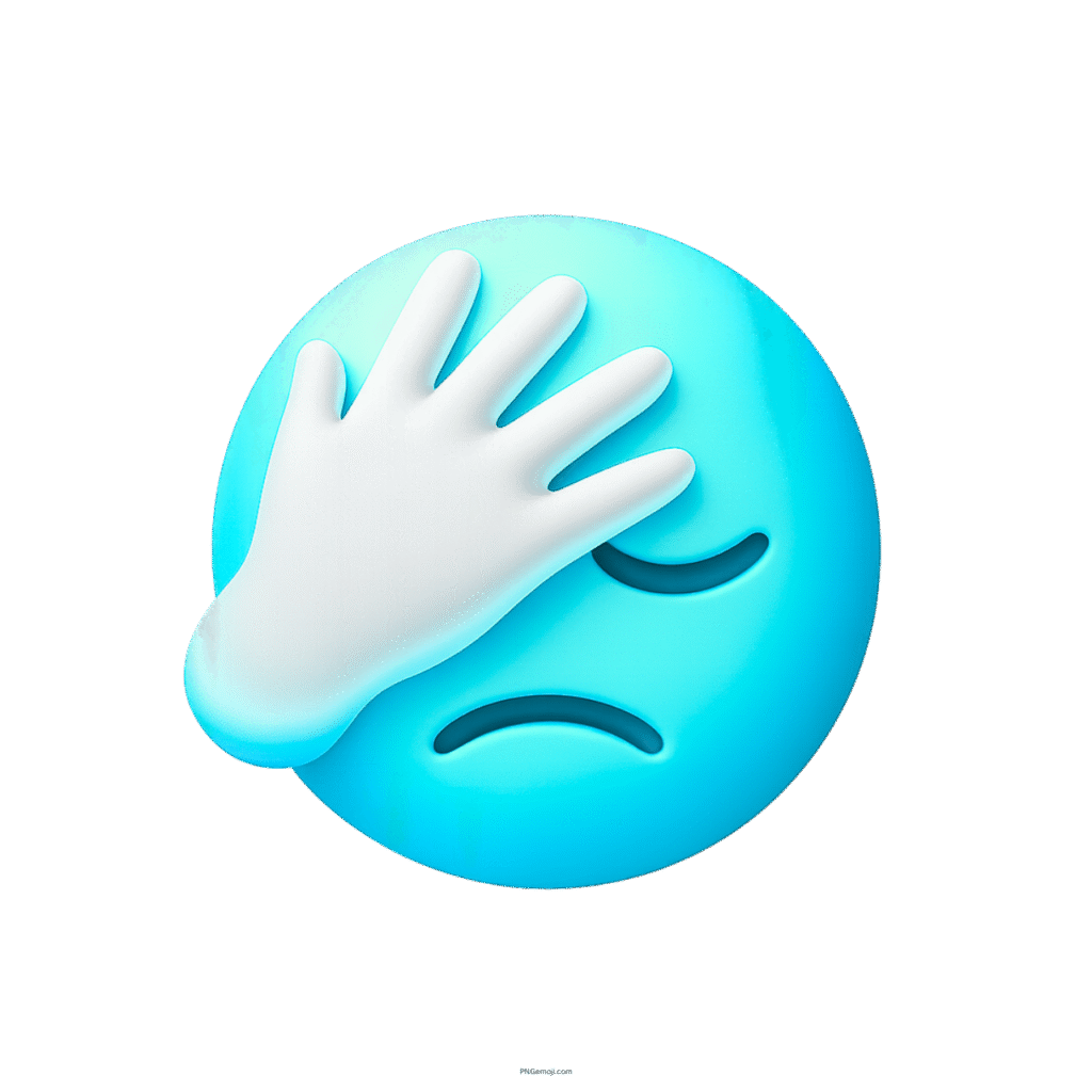 Light blue 3D facepalm emoji with white hand showing sadness and frustration