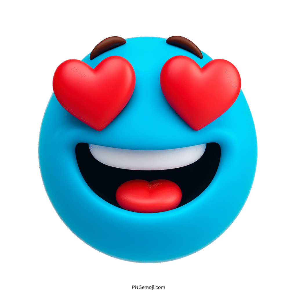Light blue 3D emoji with red heart eyes and loving happy face
