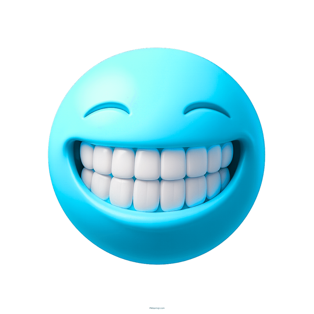 3D light blue emoji face with white teeth and smiling eyes expression