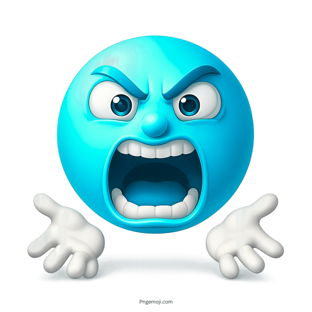 Light blue emoji shouting angrily with open hands and intense facial expression