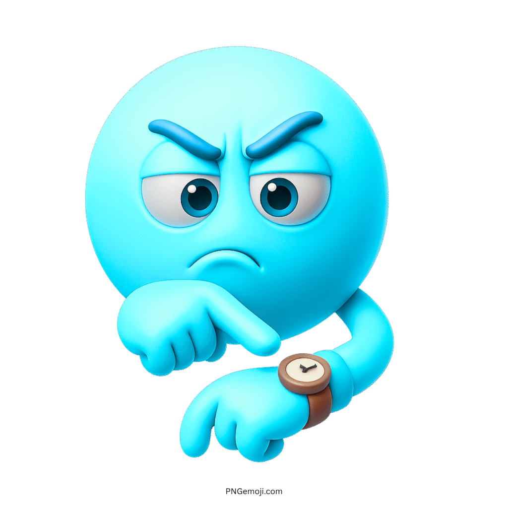 3D light blue emoji pointing at watch showing irritation and impatience while waiting