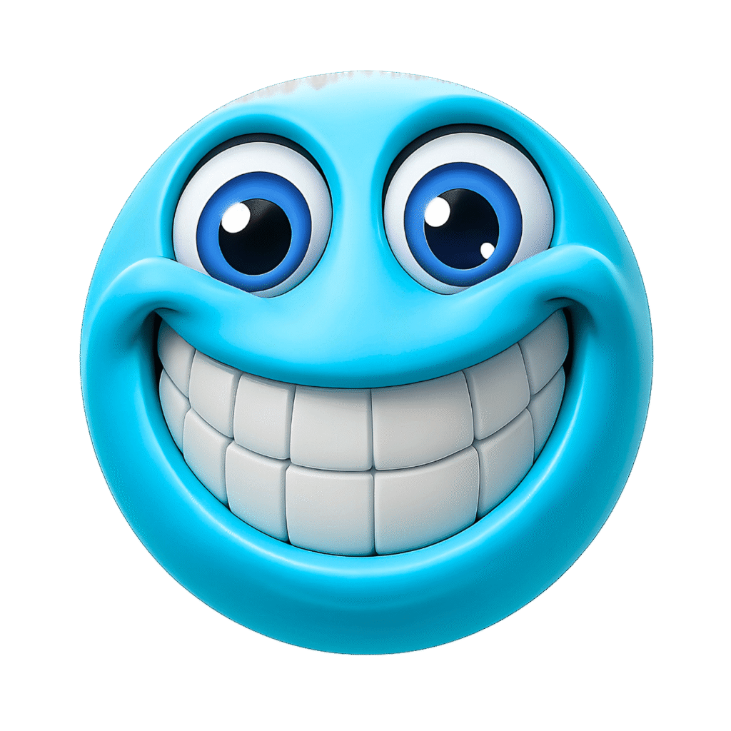 Light blue cartoon emoji face with wide smile and bright blue eyes
