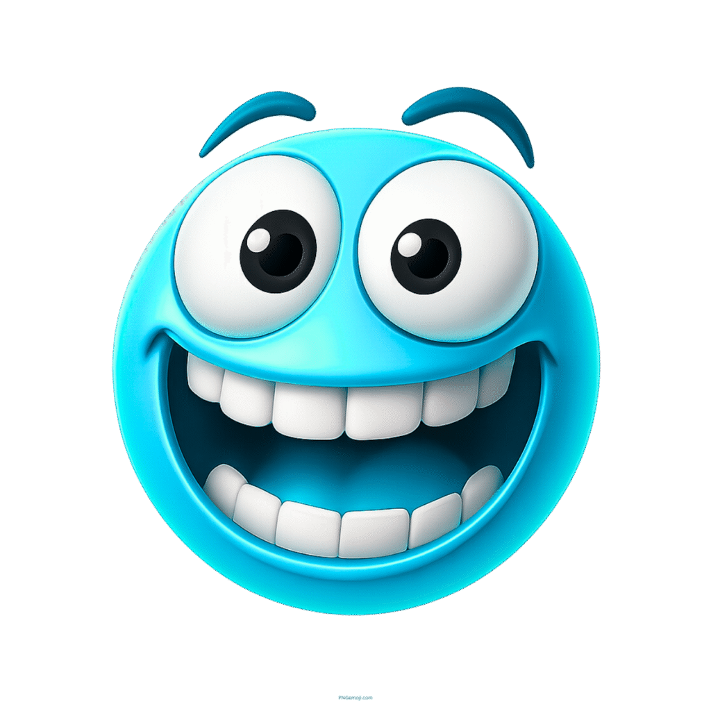 Light blue zany emoji with funny big eyes, goofy grin, and cartoon face.
