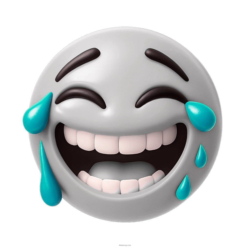 3D light gray emoji laughing with joyful tears and expressive face details