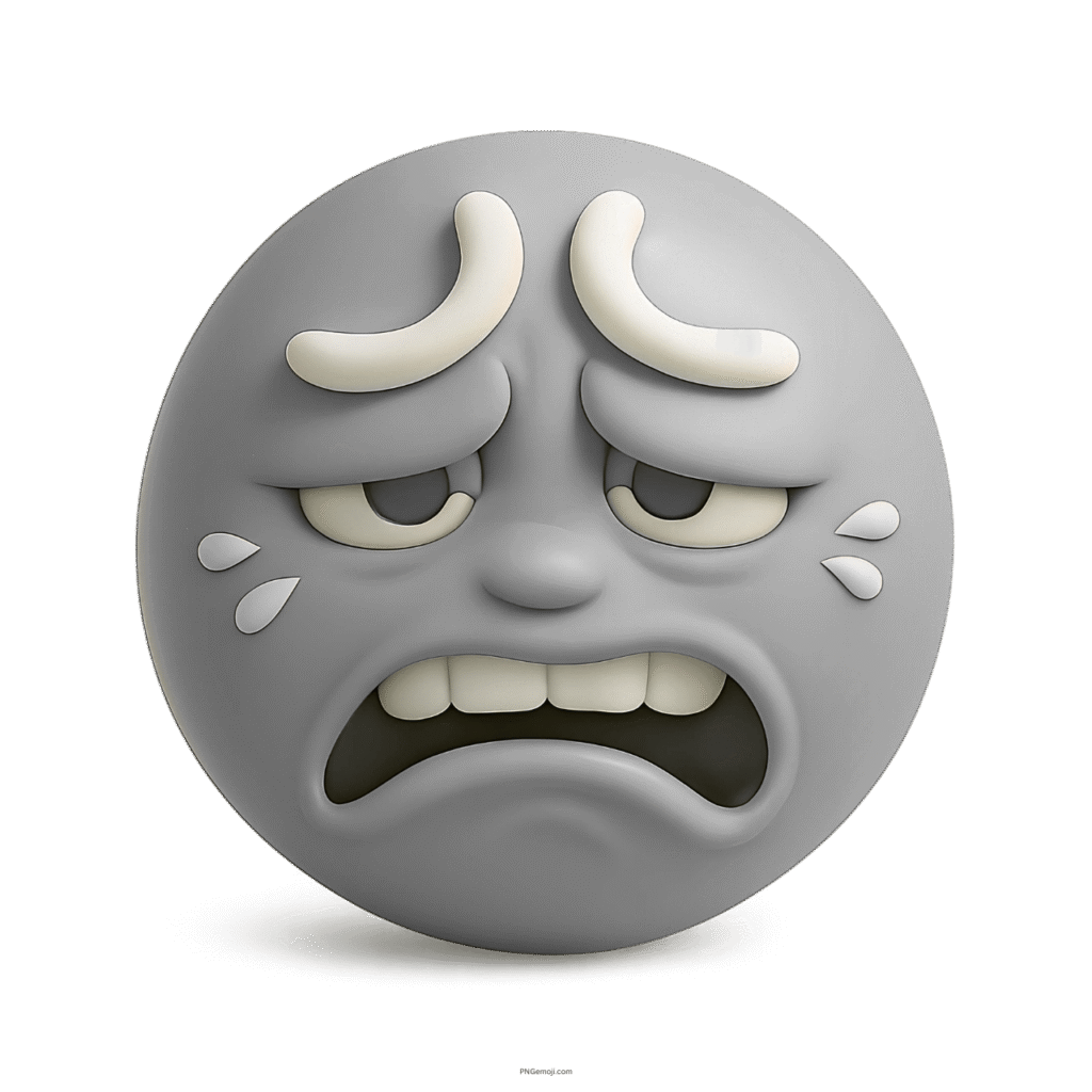 Light gray 3D emoji face with disgusted expression and teardrops on cheeks