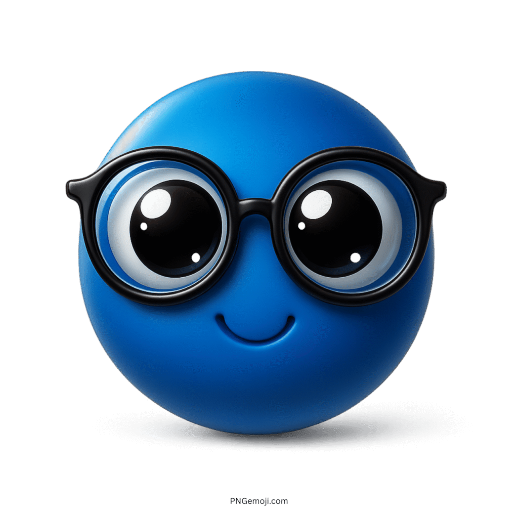 Cute blue emoji face with nerd glasses and large cartoon eyes