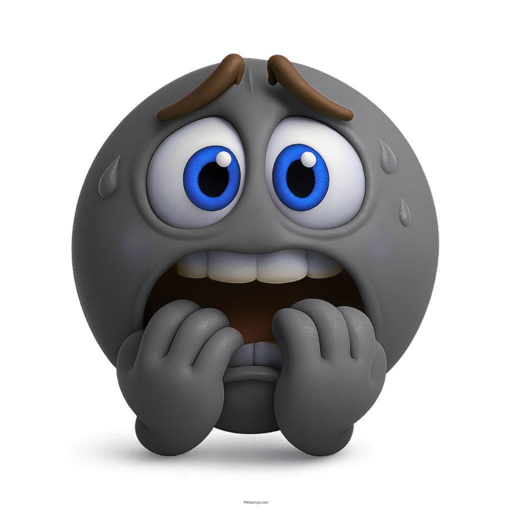 Nervous 3D emoji with big eyes biting nails and sweating in fear