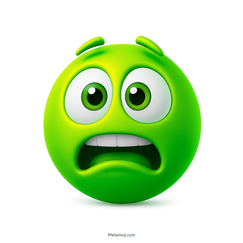 Green emoji with big surprised eyes and open mouth showing fear or regret.
