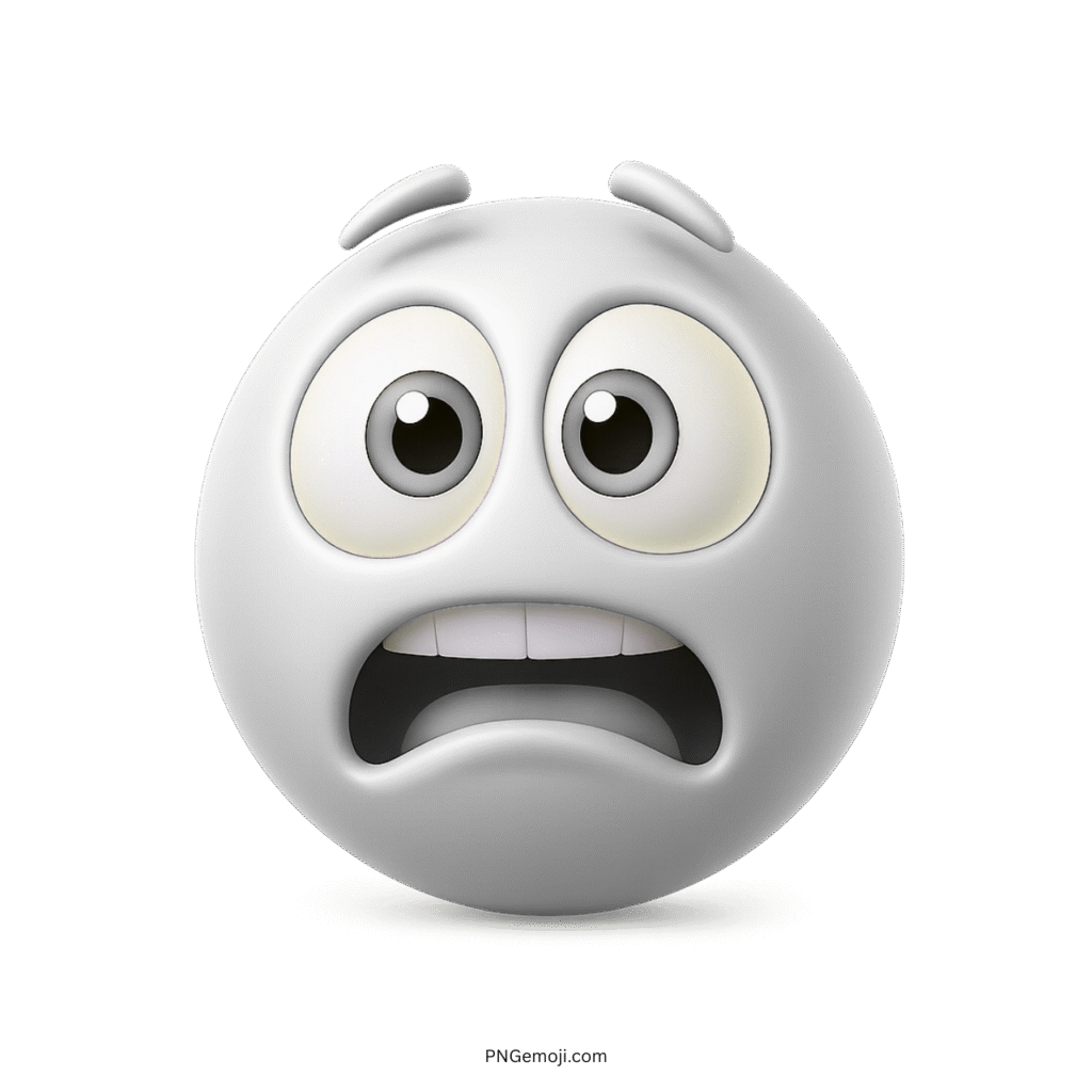 Worried white emoji with big eyes and open mouth showing fear or regret