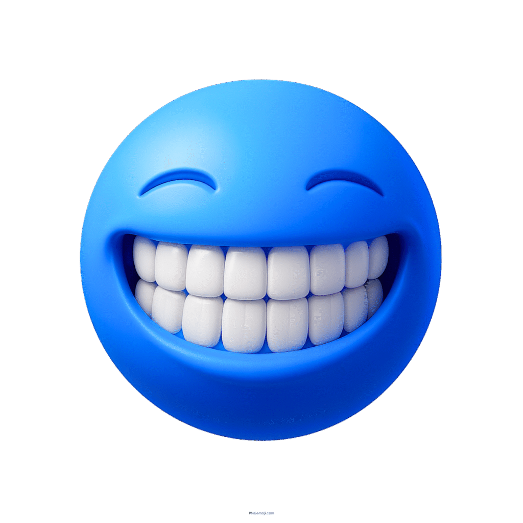 3D blue smiley emoji with big white teeth and joyful closed eyes expression