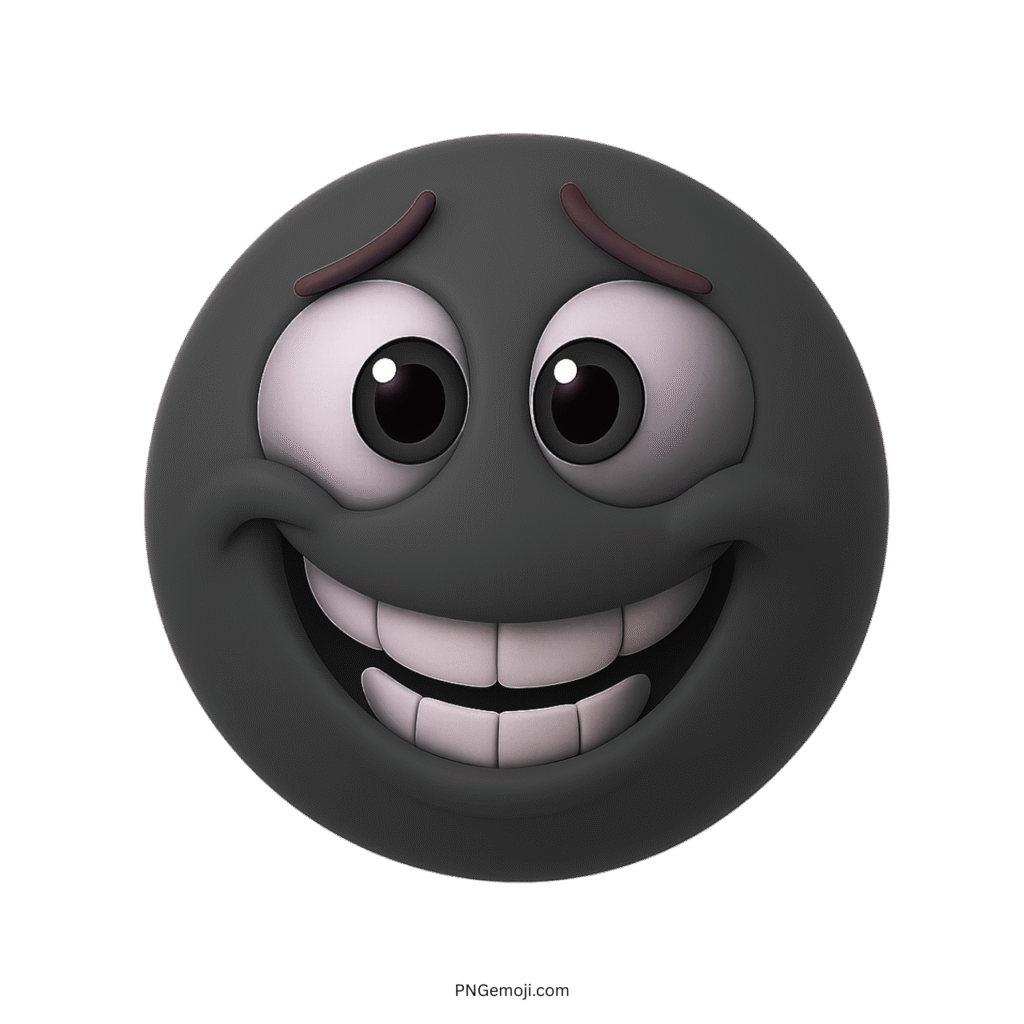 3D black emoji with pensive grin and shy wide-eyed expression on face